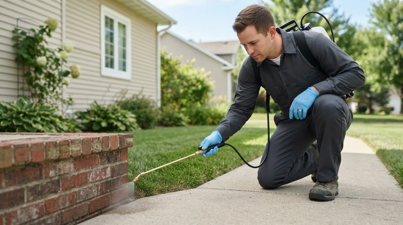 Pest control technician treating a home near Bickmore, WV