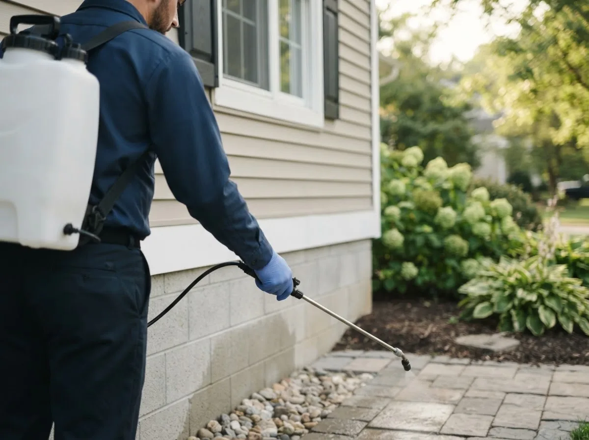 Pest control technician inspecting a home in Bickmore, WV